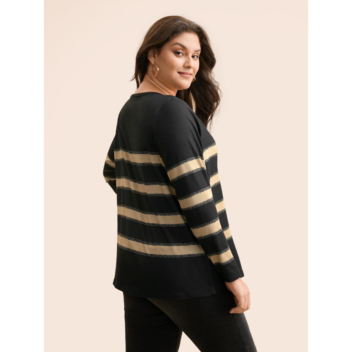 Plus Size Contrast Striped Button Detail T-shirt Black Women Casual Button V-neck Everyday T-shirts BloomChic 28/5X Product Image