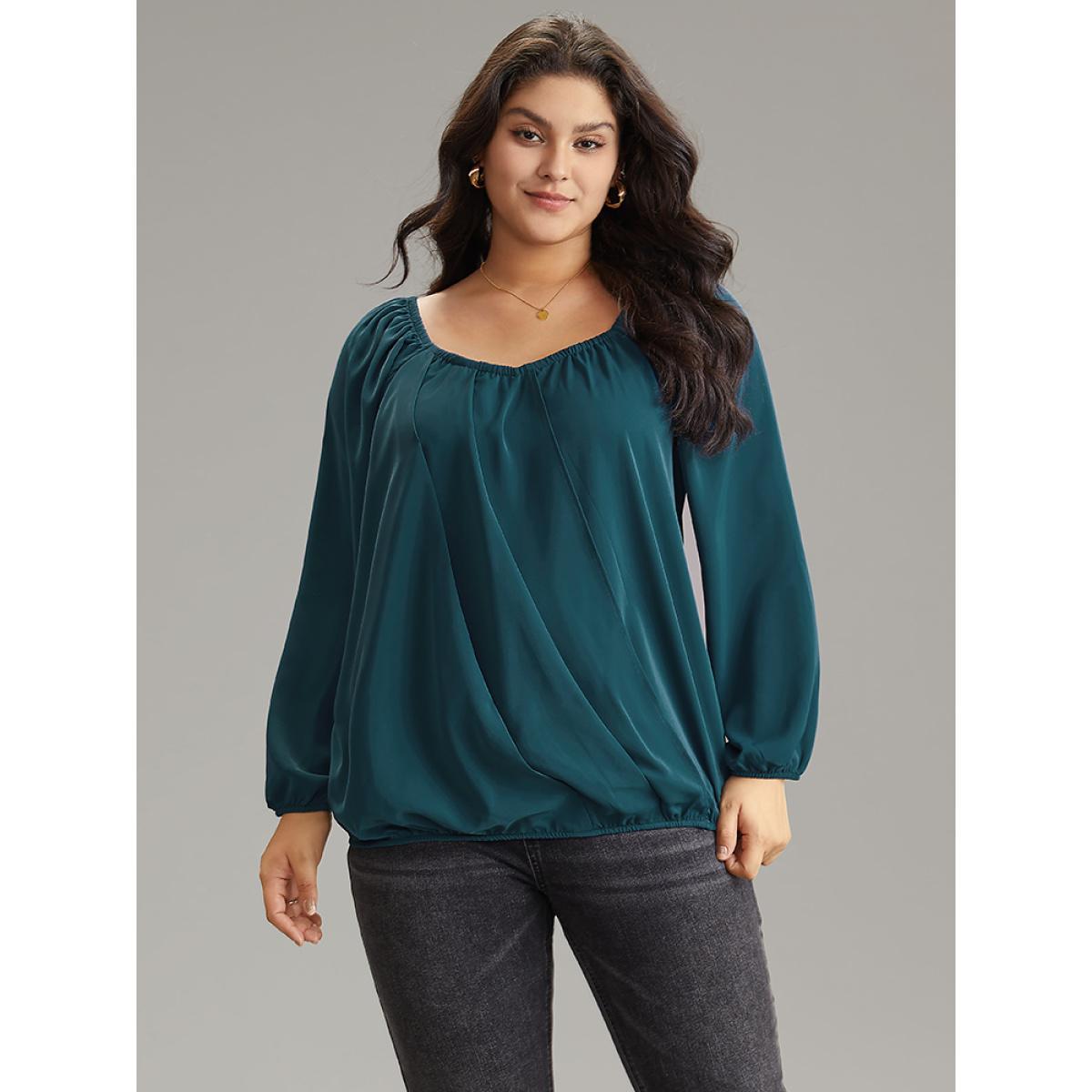Plus Size Aegean Static-Free Solid Lantern Sleeve Plicated Detail Blouse Women Elegant Long Sleeve Square Neck Work Blouses BloomChic 30/6X Product Image