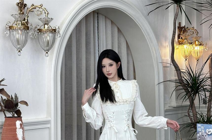 Long-Sleeve Stand Collar Plain Lace Trim Pintuck Lace-Up Midi A-Line Dress Product Image