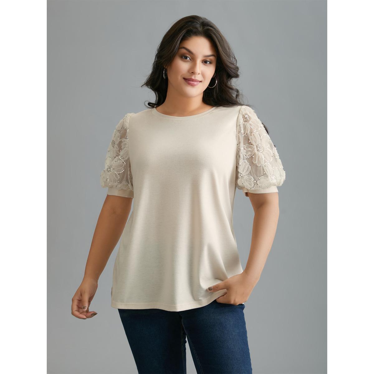 Plus Size Floral Sequin Mesh Round Neck T-shirt Beige Women Elegant See through Round Neck Everyday T-shirts BloomChic 22-24/3X Product Image