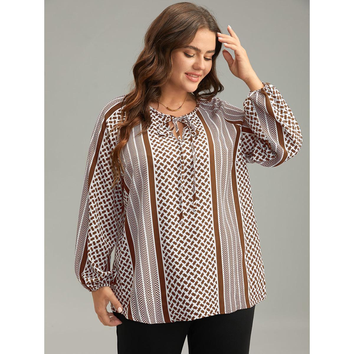 Plus Size Chocolate Geo Striped Tie Lantern Sleeve Blouse Women Resort Long Sleeve Tie Neck Vacation Blouses BloomChic 26/4X Product Image