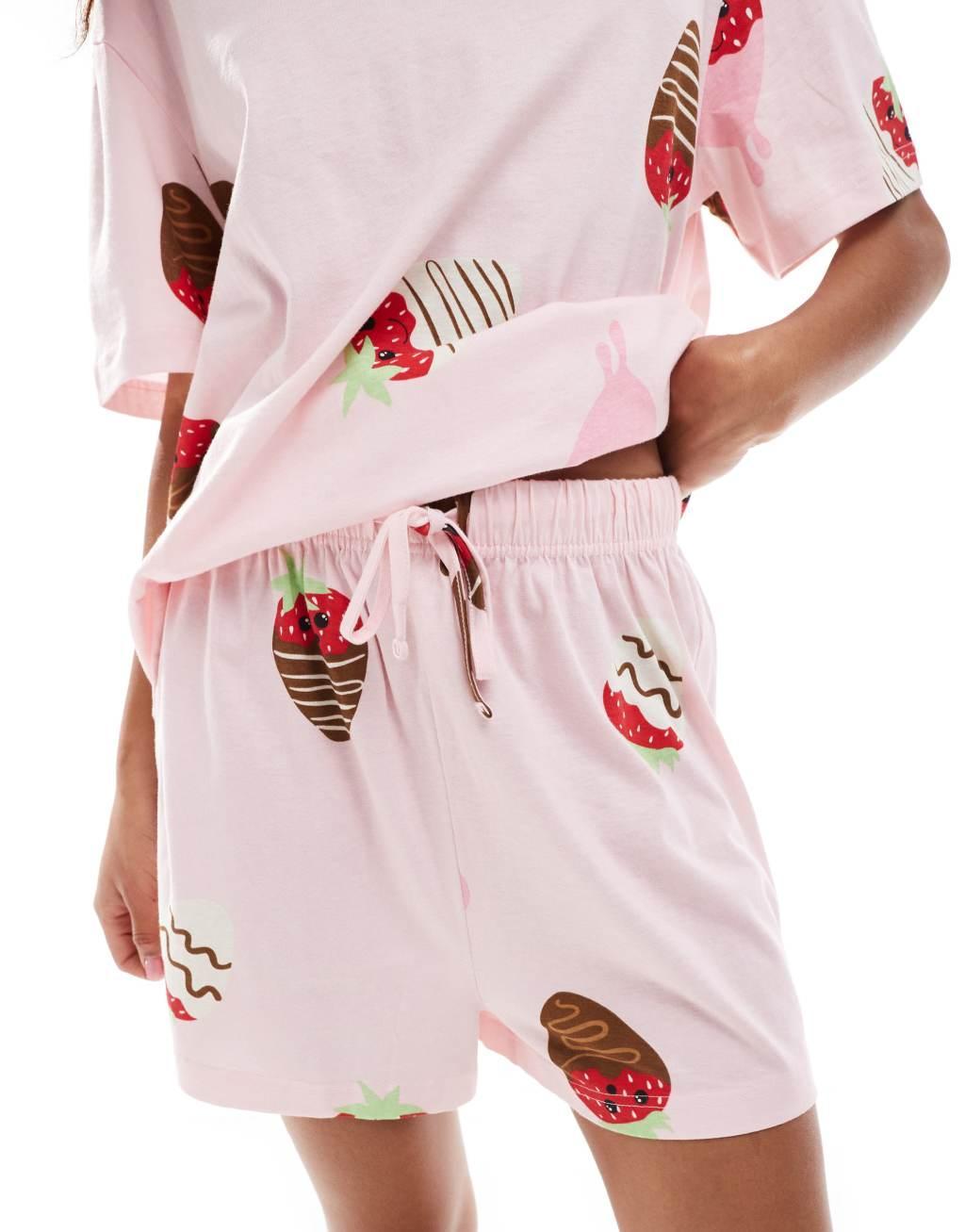 ASOS DESIGN chocolate strawberry oversized tee & shorts pajama set in pink Product Image