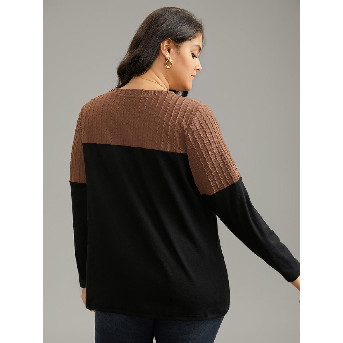 Plus Size Textured Patchwork Contrast Crew Neck Knit T-shirt Black Women Casual Texture Plain Round Neck Dailywear T-shirts BloomChic 14-16/1X Product Image