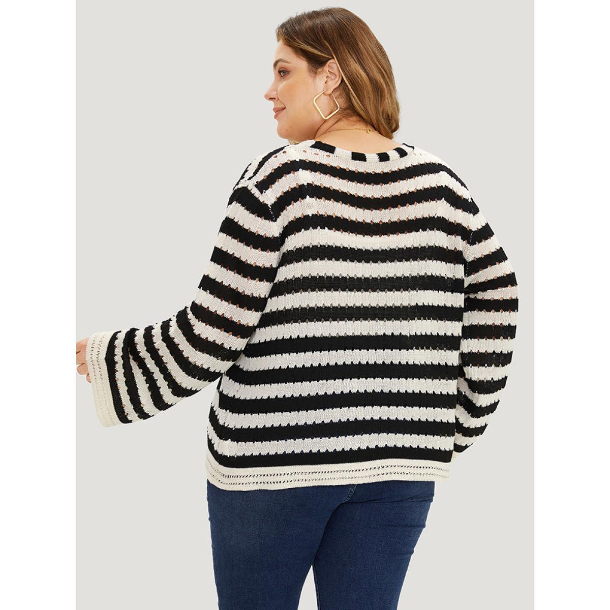 Plus Size Striped Ties Front Eyelet Lace Cardigan Black Women Casual Loose Long Sleeve Dailywear Cardigans BloomChic 12/L Product Image