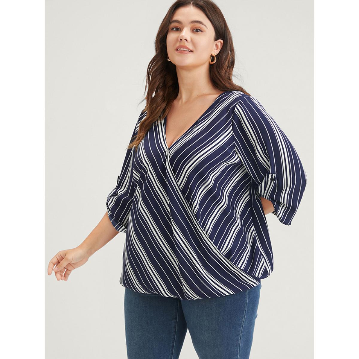 Plus Size DarkBlue Striped Button Cuffed Sleeve Wrap Blouse Women Vacation Short sleeve V-neck Dailywear Blouses BloomChic 30/6X Product Image