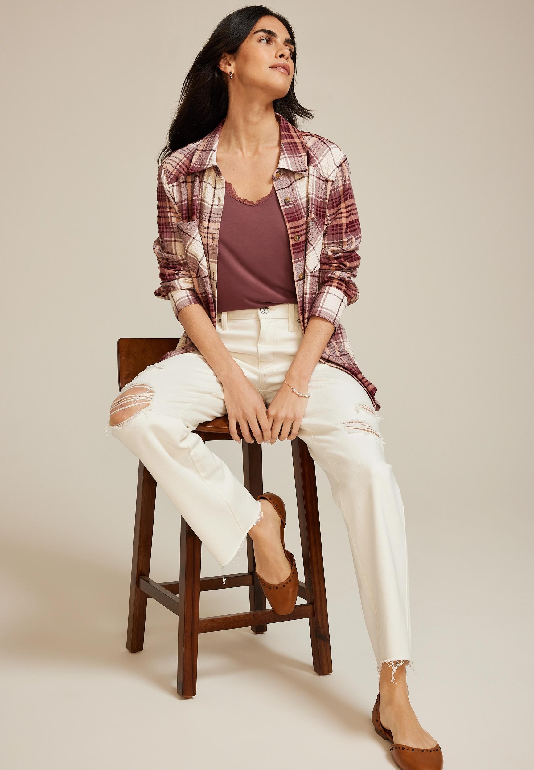 Maurices Womens Pucker Plaid Button Down Shirt Product Image