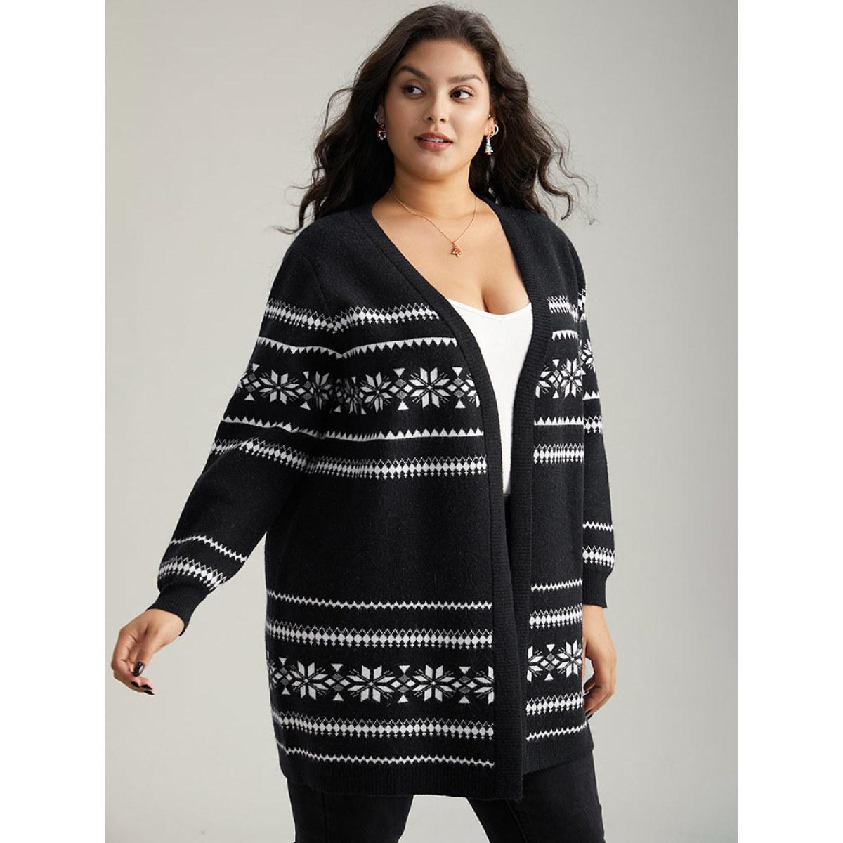 Plus Size Anti-Pilling Bandana Print Elastic Cuffs Cardigan Black Women Casual Loose Long Sleeve Festival-Christmas Cardigans BloomChic 10/M Product Image