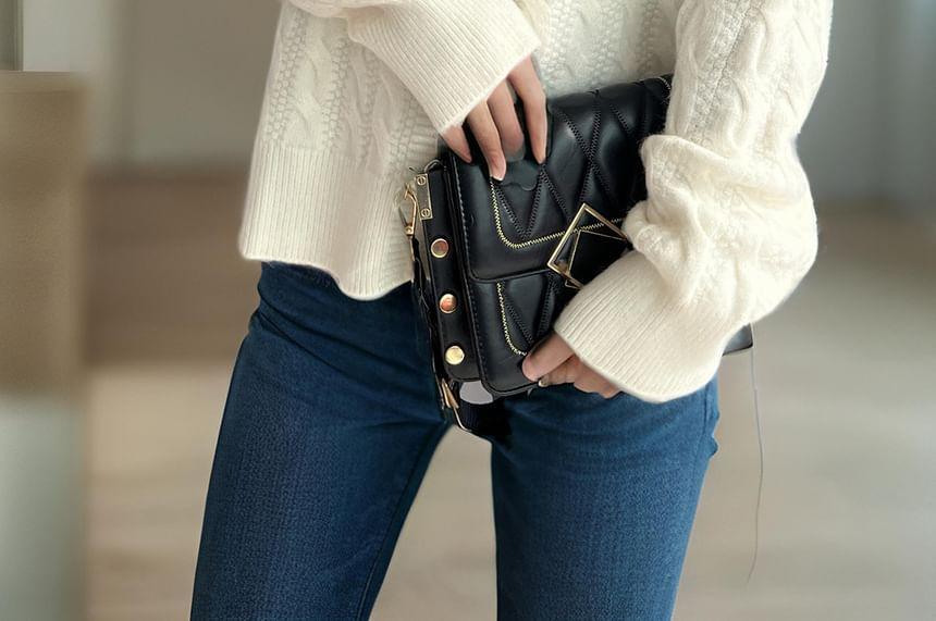 Crew Neck Plain Cable Knit Button-Up Cardigan Product Image