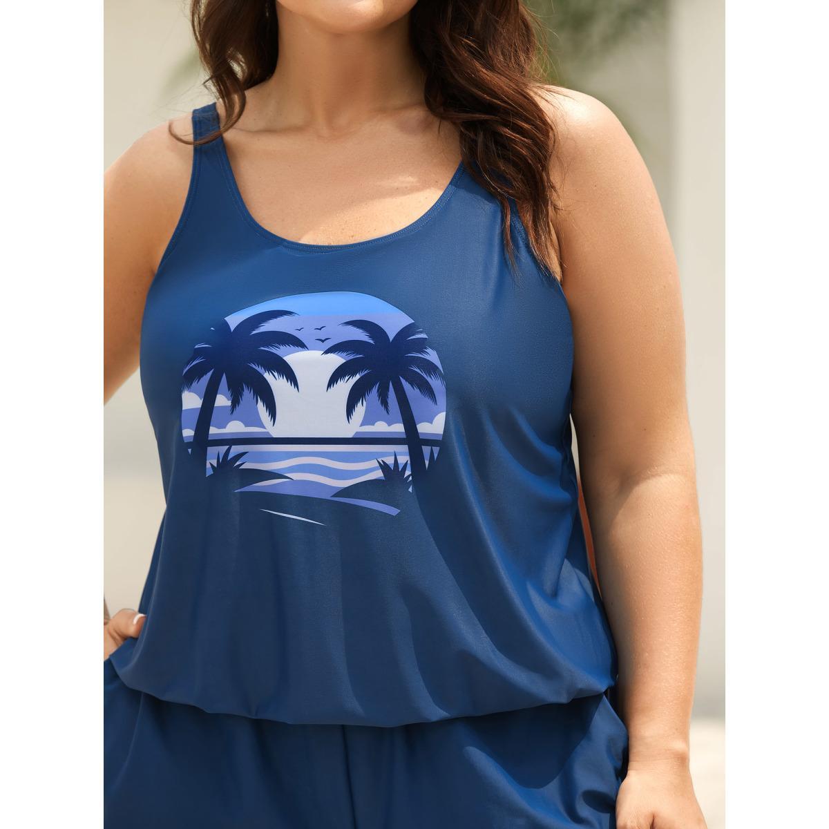 Plus Size Island Pattern Pockets One-Piece Swimsuit Women's Swimwear Mediumblue Beach Curve Bathing Suits High stretch One Pieces BloomChic 28/5X Product Image
