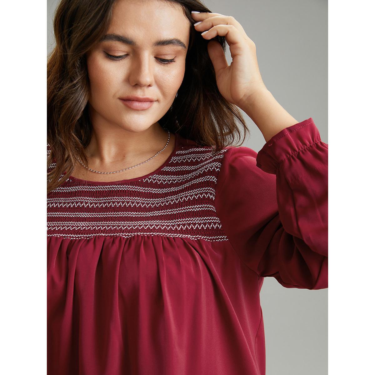 Plus Size Scarlet Contrast Trim Plicated Detail Flutter Sleeve Blouse Women Office Long Sleeve Round Neck Work Blouses BloomChic 28/5X Product Image