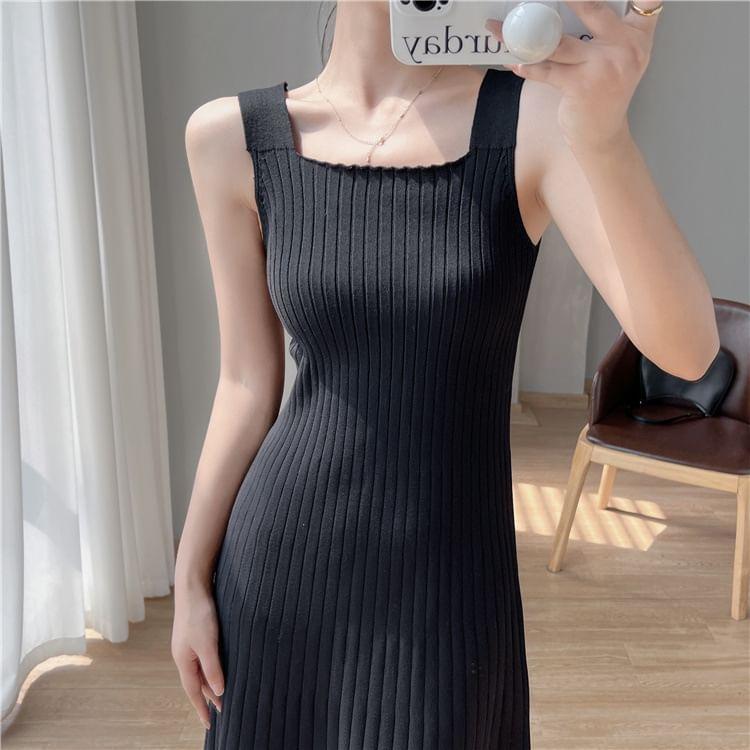 Sleeveless Square Neck Plain Midi A-Line Knit Dress Product Image