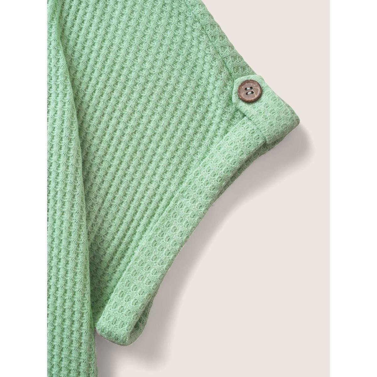 Plus Size Plain Waffle Knit Button Cuff Sleeve T-shirt LightGreen Women Casual Texture Boat Neck Everyday T-shirts BloomChic 30/6X Product Image
