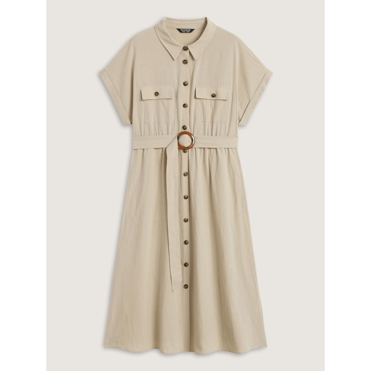 Plus Size Pure Cotton Button-Front Belted Midi Dress Apricot Women Belted Shirt collar Short sleeve Curvy BloomChic 10/M Product Image