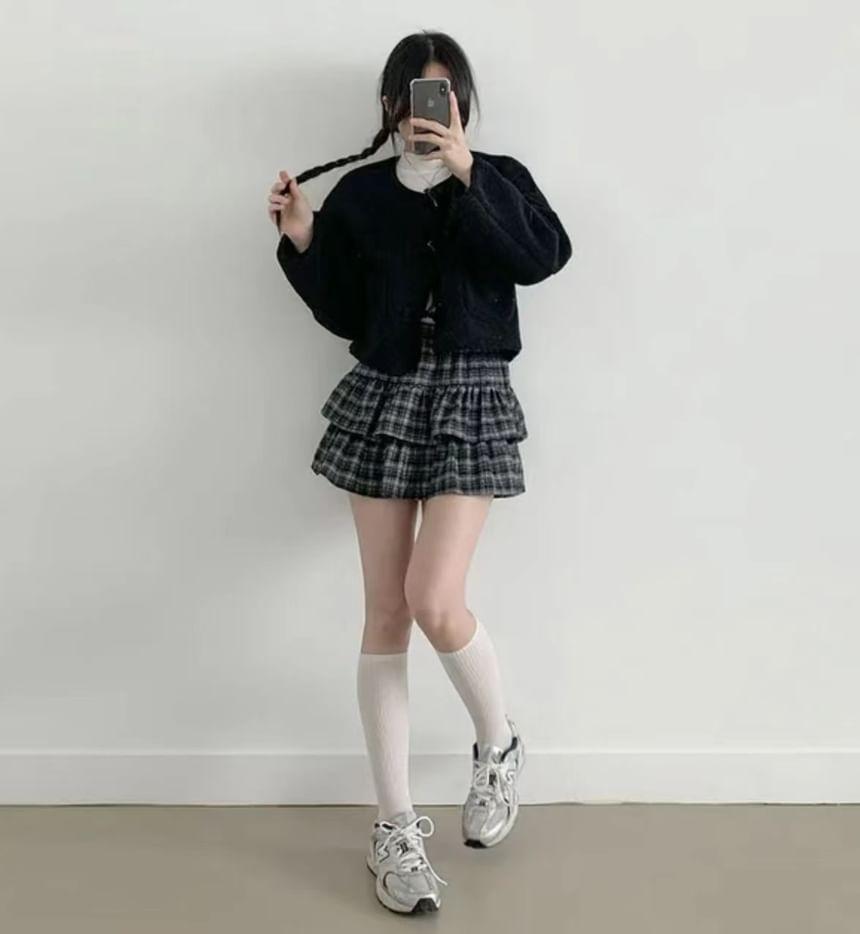 High Waist Plaid Ruffle Hem Tiered Skirt Product Image