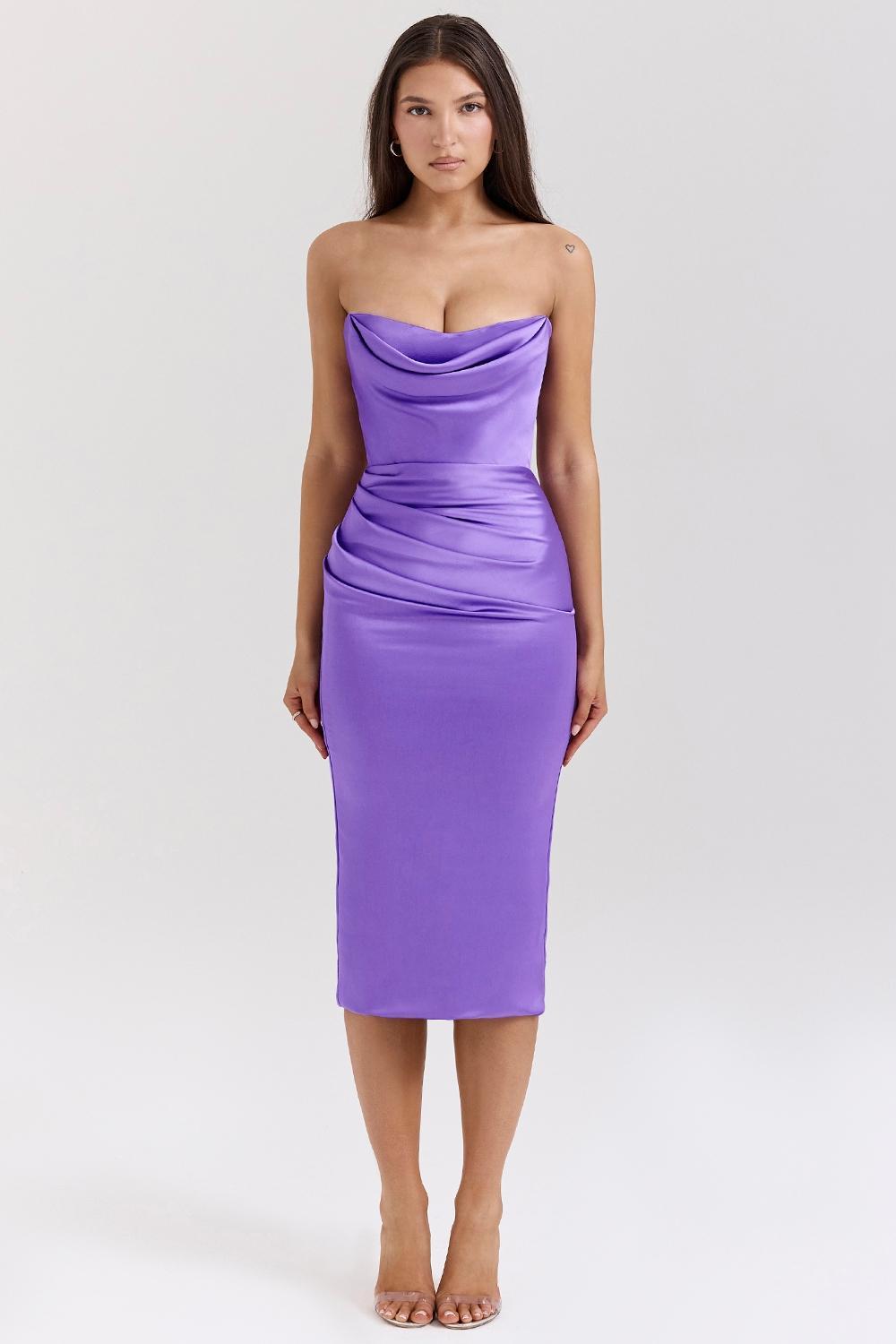 Santana Violet Satin Strapless Corset Midi Dress Product Image