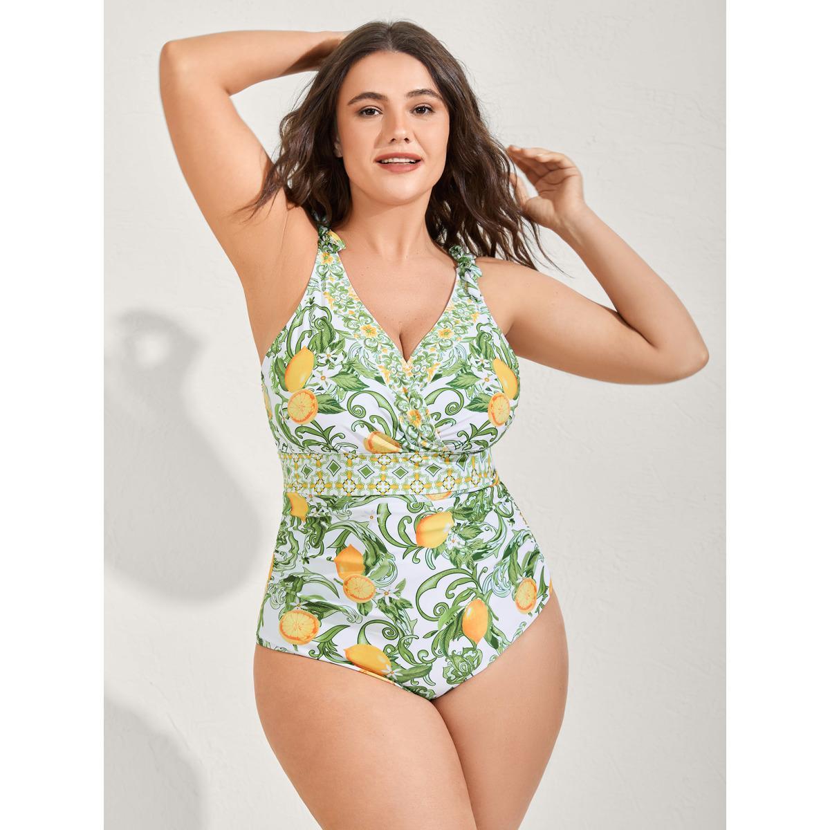 Plus Size Two-Piece Citrus Print Sarong Swimsuit Women's Swimwear Truegreen Beach Tie knot Curve Bathing Suits High stretch One Pieces BloomChic 12/L Product Image
