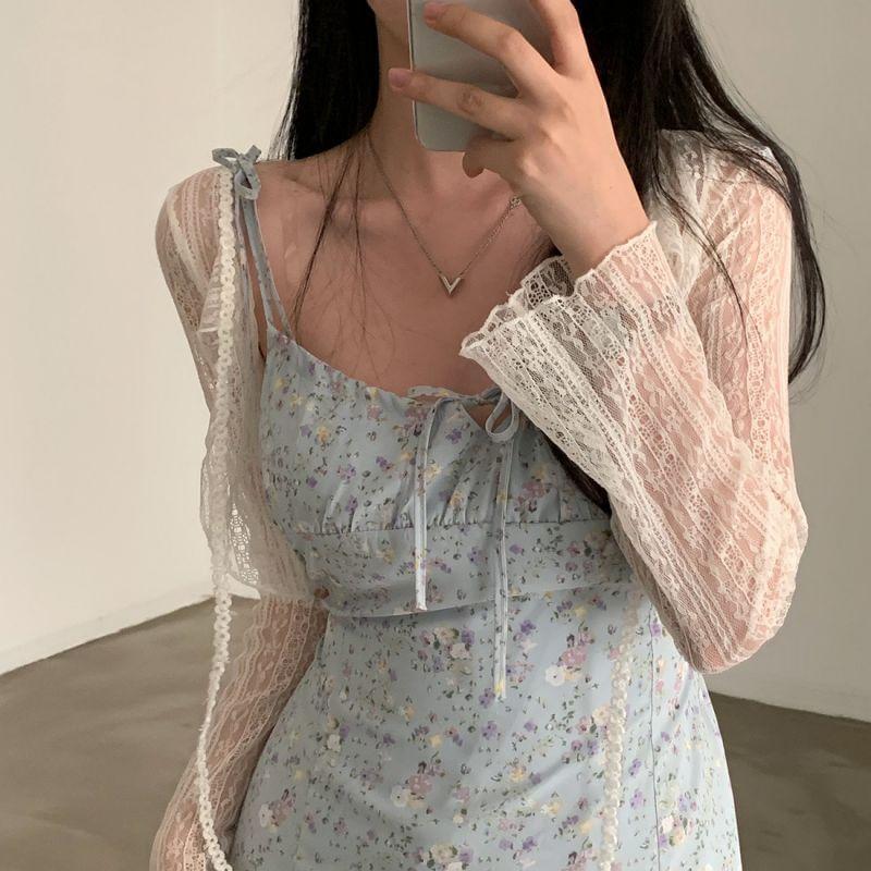 Spaghetti Strap Floral Print Ruffle Hem Mini Dress Product Image