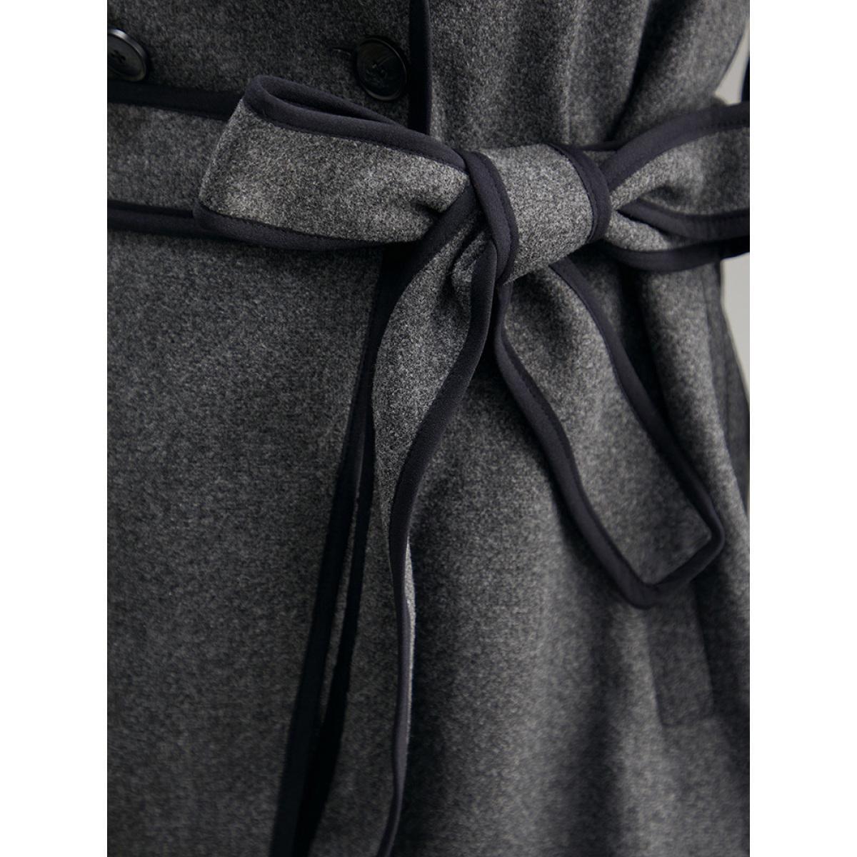 Plus Size Lapel Collar Contrast Trim Belted Button Up Coat Women DimGray Casual Belted Ladies Dailywear Winter Coats BloomChic 12/L Product Image