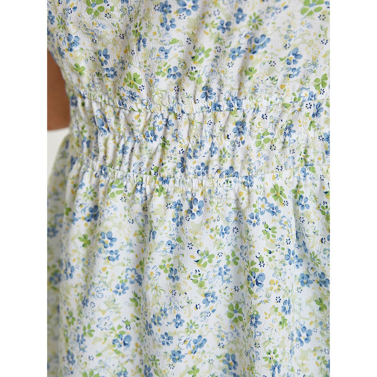 Plus Size Multicolor Ditsy Floral Puff Sleeve Frill Trim Elastic Waist Blouse Women Elegant Short sleeve Square Neck Dailywear Blouses BloomChic 22-24/3X Product Image