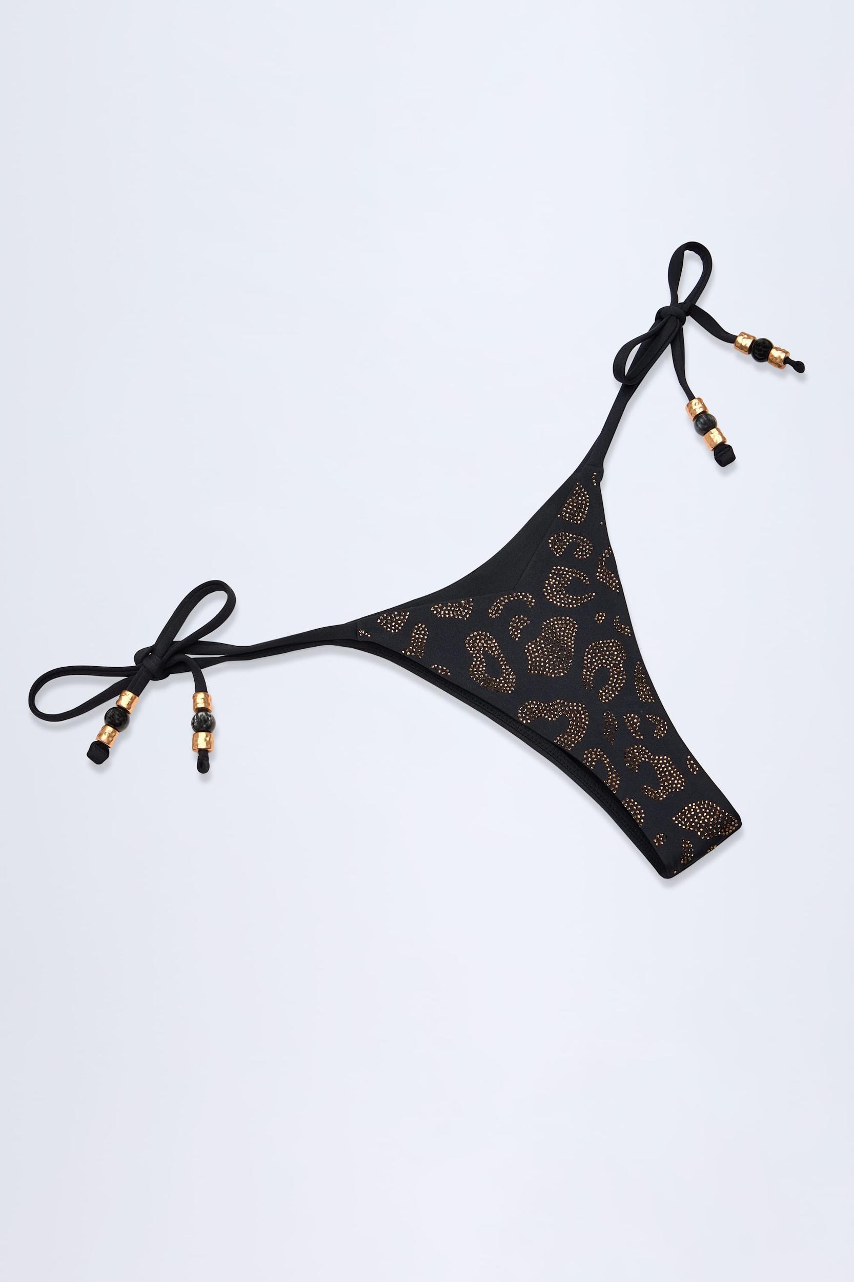 Side-Tie Bead Thong Bikini Bottoms in Black Leopard Hotfix Product Image