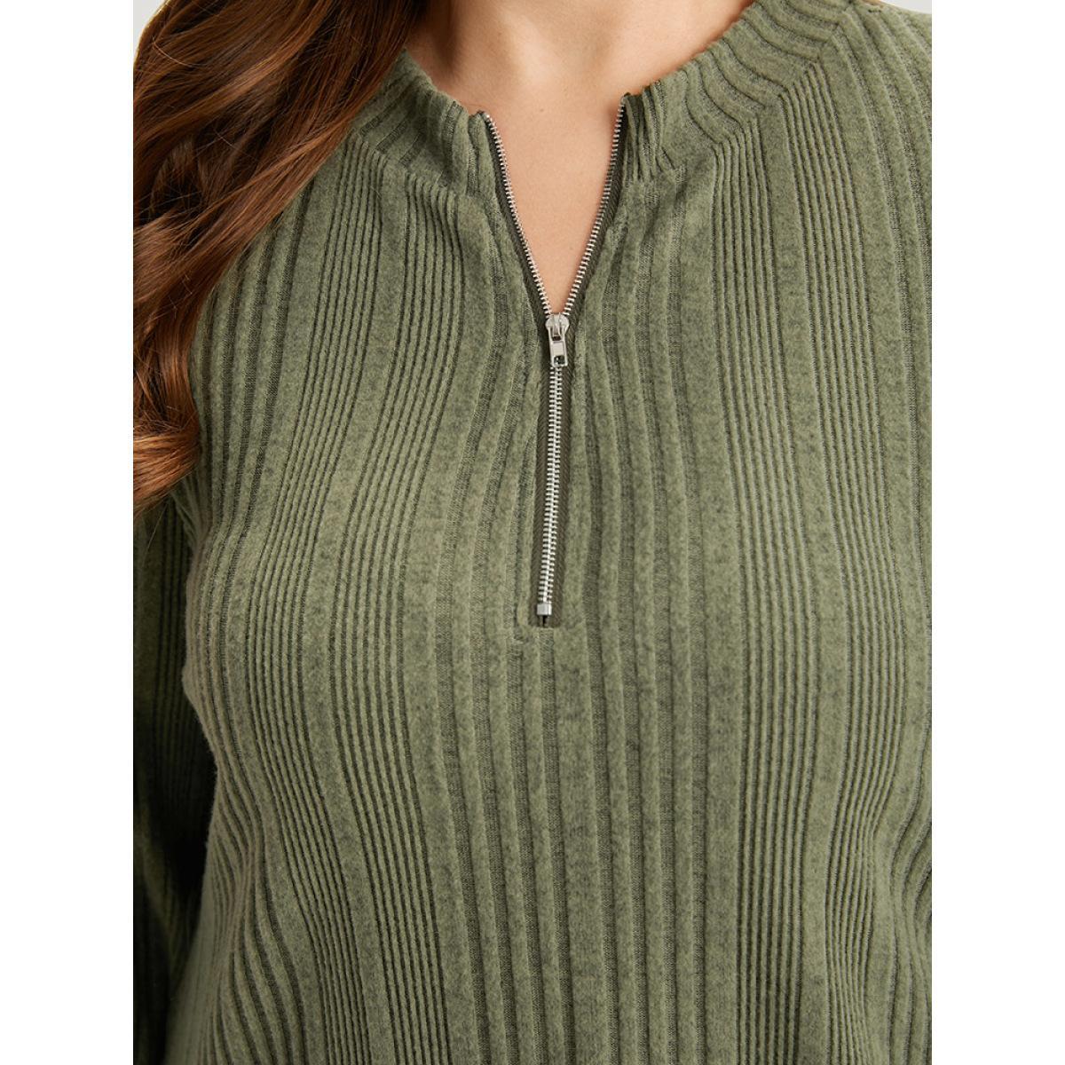 Plus Size Plain Rib Knit Half Zip T-shirt Green Women Casual Texture Plain Open Front Dailywear T-shirts BloomChic 14-16/1X Product Image