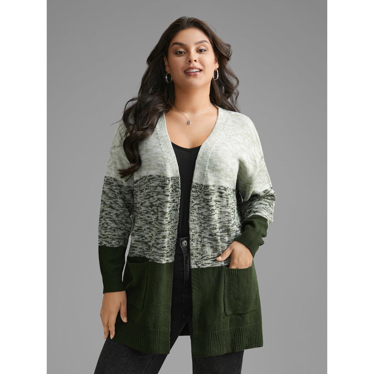 Plus Size Heather Colorblock Contrast Patched Pocket Cardigan ArmyGreen Women Casual Loose Long Sleeve Everyday Cardigans BloomChic 30/6X Product Image