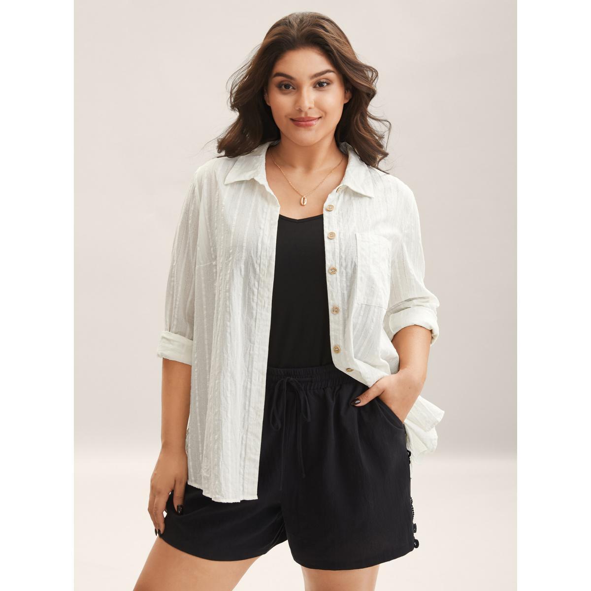 Plus Size Originalwhite Pure Cotton Sheer Pocket Blouse Women Long Sleeve Shirt collar Vacation Blouses BloomChic 12/L Product Image
