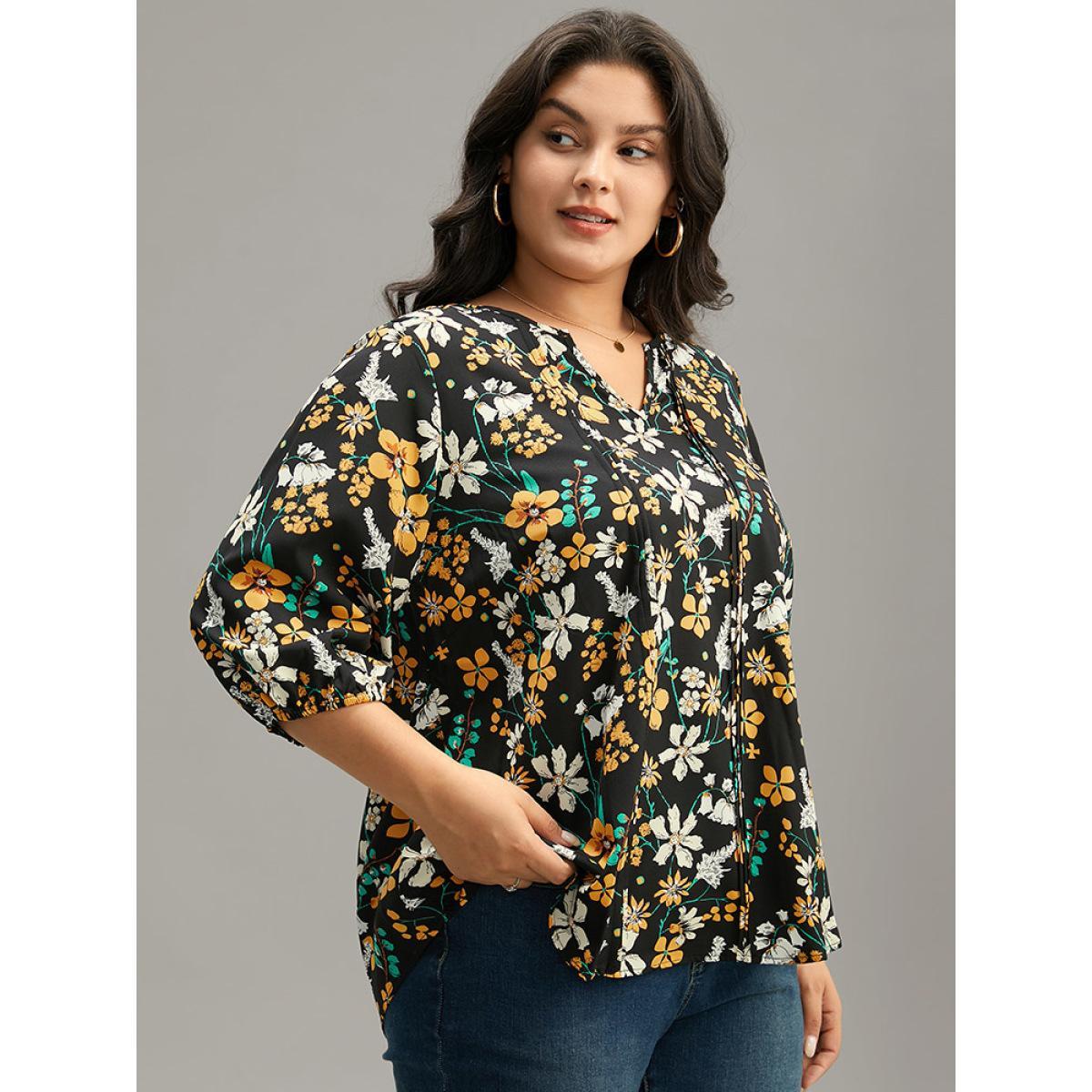 Plus Size Black Floral Print Pleated Notched Lantern Sleeve Blouse Women Elegant Elbow-length sleeve Notched collar Dailywear Blouses BloomChic 12/L Product Image