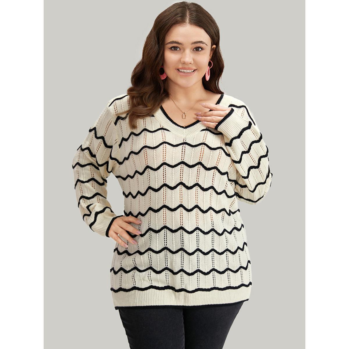 Plus Size Striped Drop Shoulder Cut Out Bodycon Pullover Beige Women Casual Bodycon Long Sleeve V-neck Everyday Pullovers BloomChic 26/4X Product Image