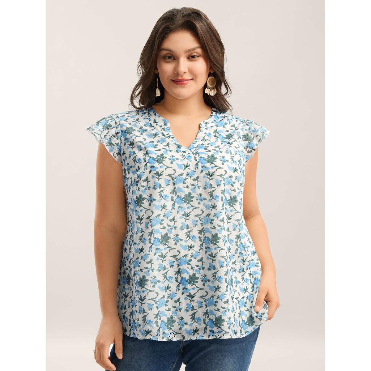 Plus Size LightBlue Embroidered Floral Split Neck Tank Top Women Short sleeve Flat collar with V-notch Vacation Blouses BloomChic 26/4X Product Image