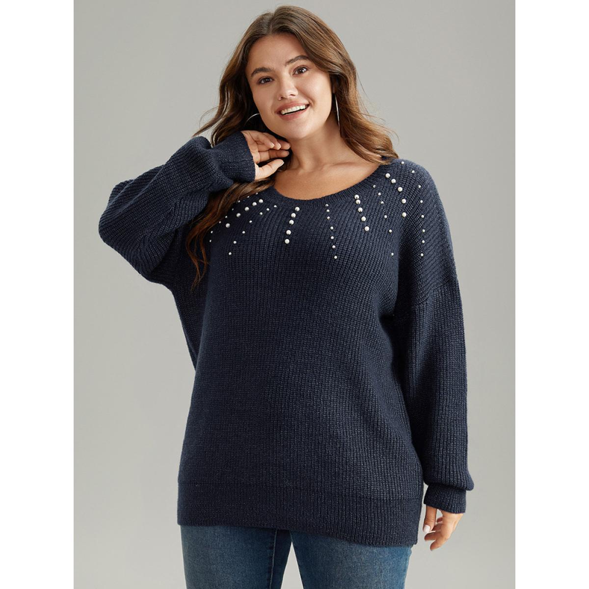 Plus Size Beaded Round Neck Elastic Cuffs Pullover Midnight Women Casual Loose Long Sleeve Round Neck Dailywear Pullovers BloomChic 22-24/3X Product Image