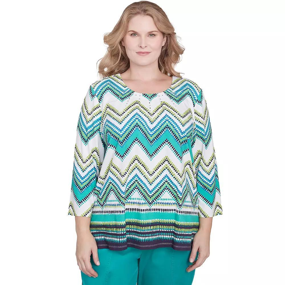 Plus Size Alfred Dunner Pleated Neckline Chevron Top, Women's, Size: 1XL, Green Team Product Image