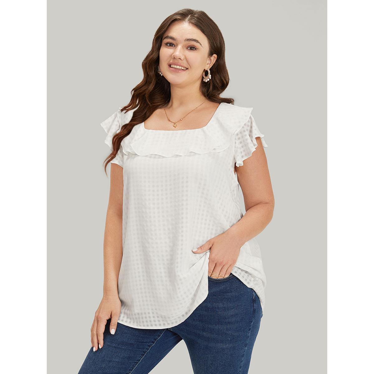 Plus Size Ivory Gingham Flutter Cap Sleeve Tiered Blouse Women Elegant Cap Sleeve Square Neck Dailywear Blouses BloomChic 30/6X Product Image