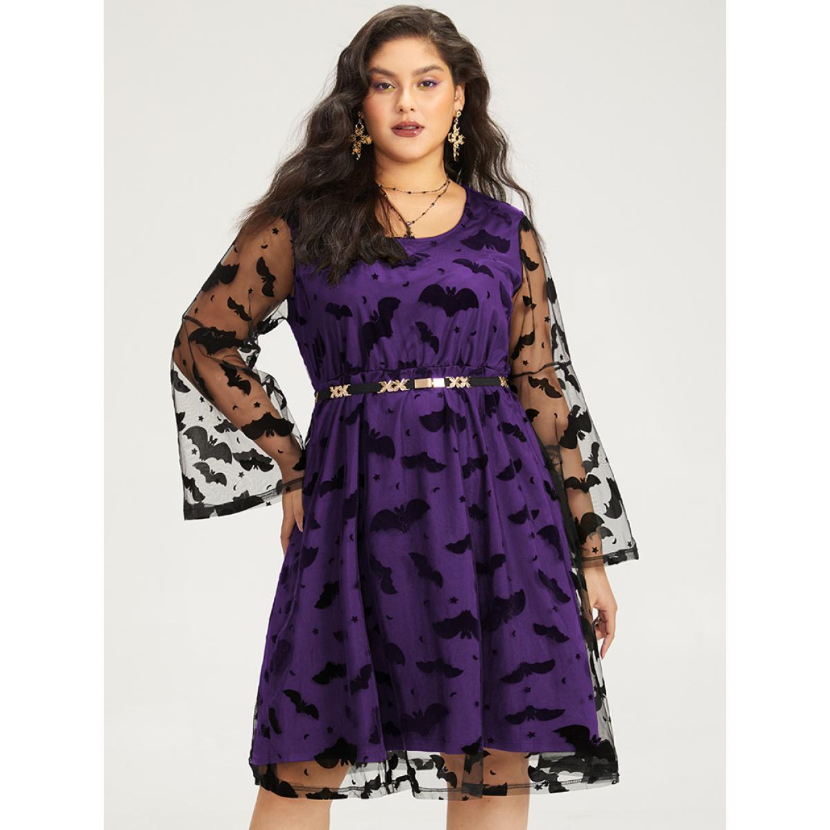 Plus Size Halloween Bat Print Mesh Long Sleeve Dress Purple Women Elegant See through Round Neck Long Sleeve Curvy Midi Dress BloomChic 30/6X Product Image