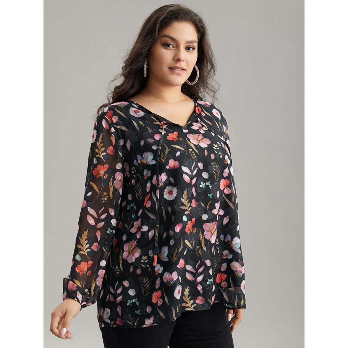 Plus Size BlackFlower Floral Print Chiffon Knot Neck Lantern Sleeve Blouse Women Elegant Long Sleeve Tie Neck Dailywear Blouses BloomChic 10/M Product Image