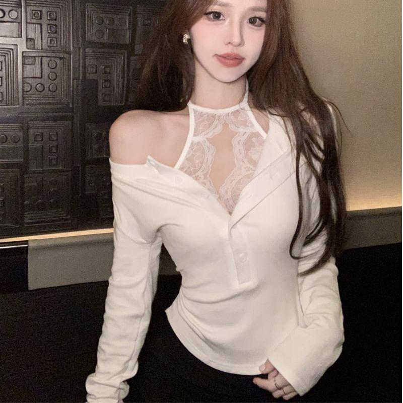 Long Sleeve Cold Shoulder Plain Mock Two Piece Panel Lace Top Product Image