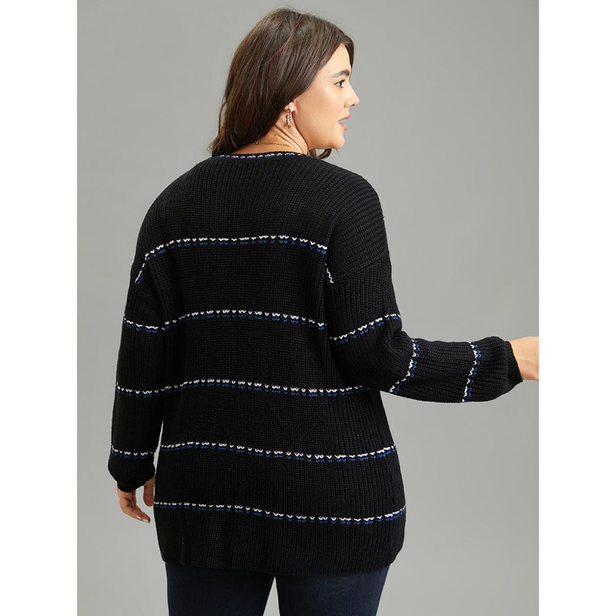 Plus Size Contrast Striped Round Neck Elastic Cuffs Pullover Black Women Casual Loose Long Sleeve Everyday Pullovers BloomChic 14-16/1X Product Image