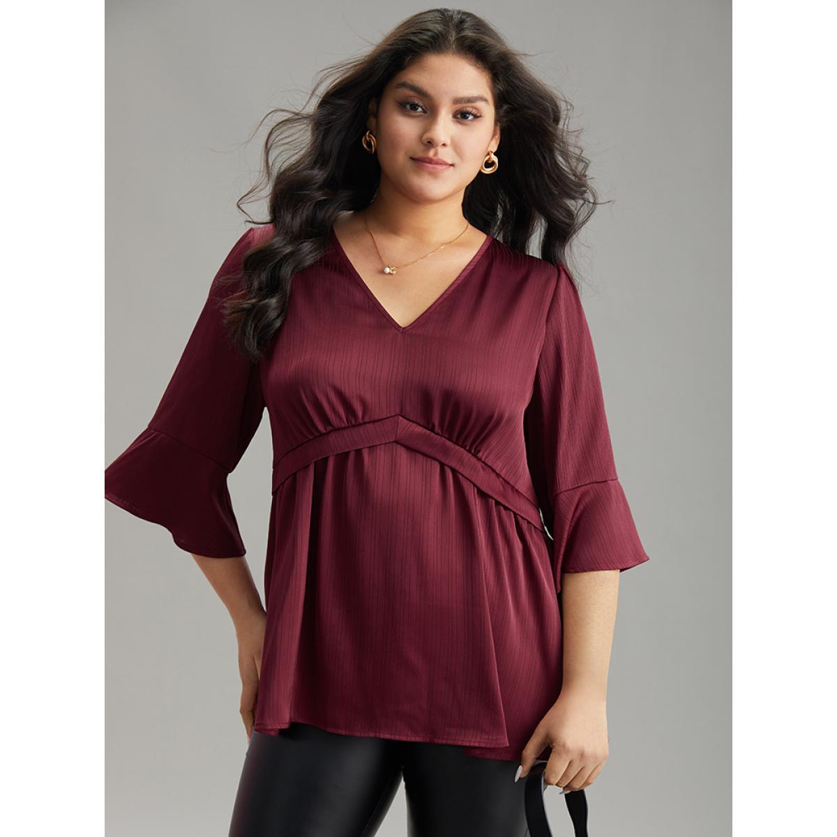 Plus Size Scarlet Anti-Wrinkle V Neck Gathered Ruffle Sleeve Blouse Women Office Elbow-length sleeve V-neck Work Blouses BloomChic 12/L Product Image