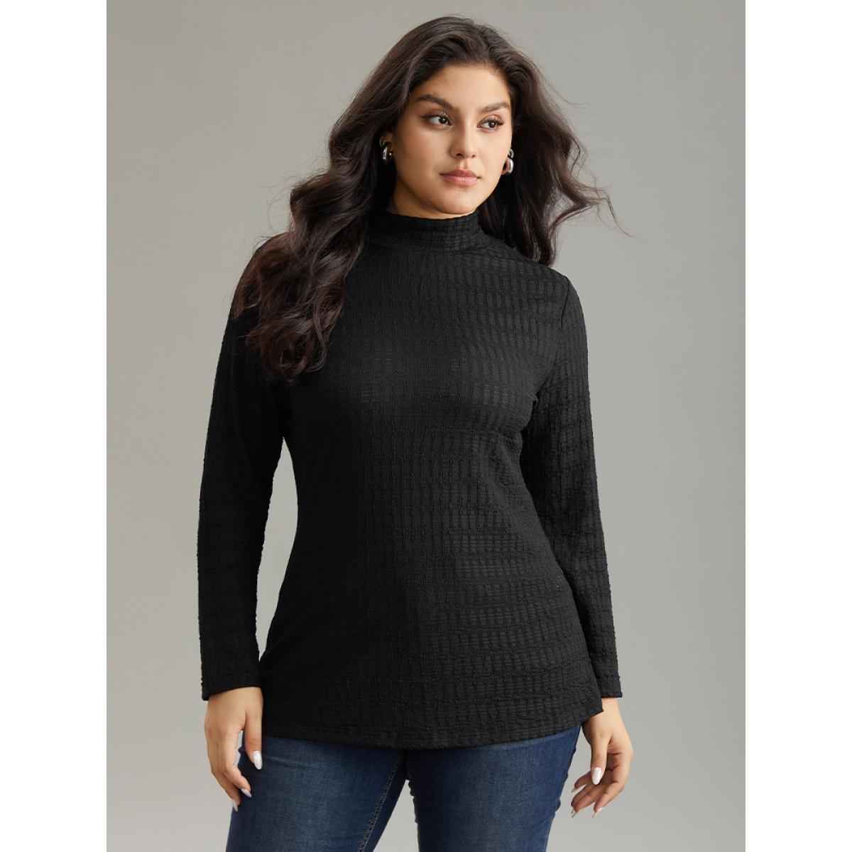 Plus Size Plain Texture Mock Neck T-shirt Black Women Elegant Texture Plain Mock Neck Dailywear T-shirts BloomChic 28/5X Product Image