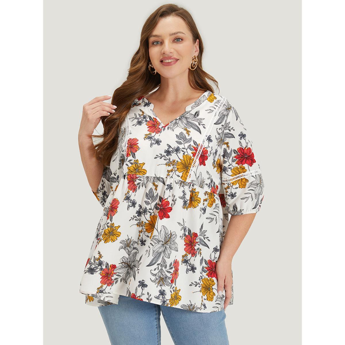 Plus Size White Floral Lantern Sleeve Lace Gathered Notched Blouse Women Elegant Elbow-length sleeve Notched collar Dailywear Blouses BloomChic 12/L Product Image