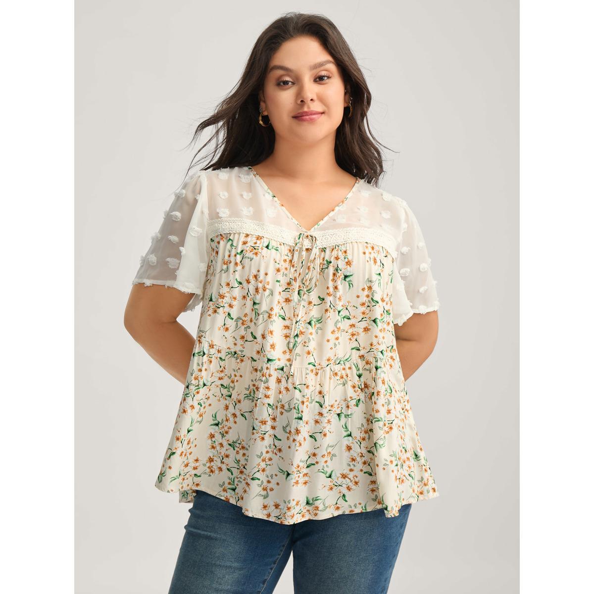 Plus Size Beige Floral Print Lace Sheer Sleeve Blouse Women Short sleeve V-neck Everyday-Elegant Blouses BloomChic 26/4X Product Image