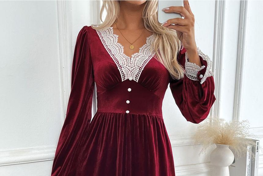 Velvet Long Sleeve V-Neck Lace Trim A-Line Midi Dress Product Image