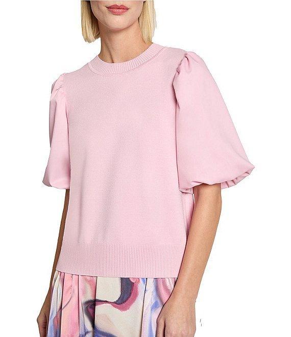 MISOOK Mix Media Round Neck Puff Sleeve Top Product Image
