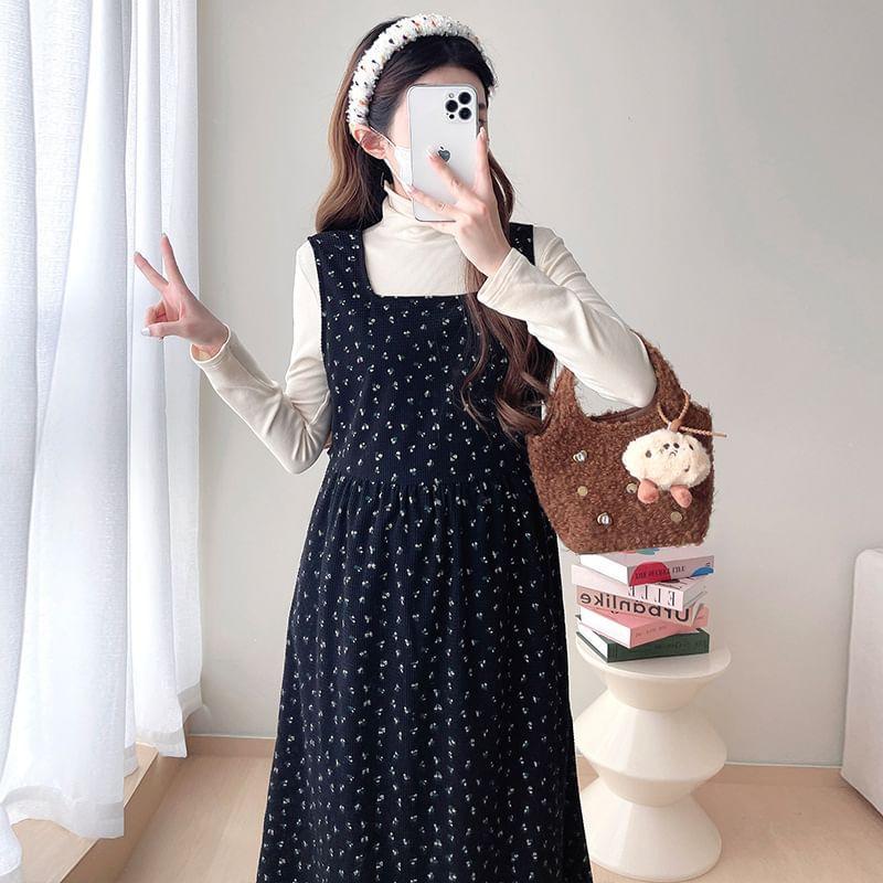 Maternity Long-Sleeve Turtleneck Plain Slim Fit T-Shirt / Square Neck Floral Midi A-Line Pinafore Dress / Set Product Image