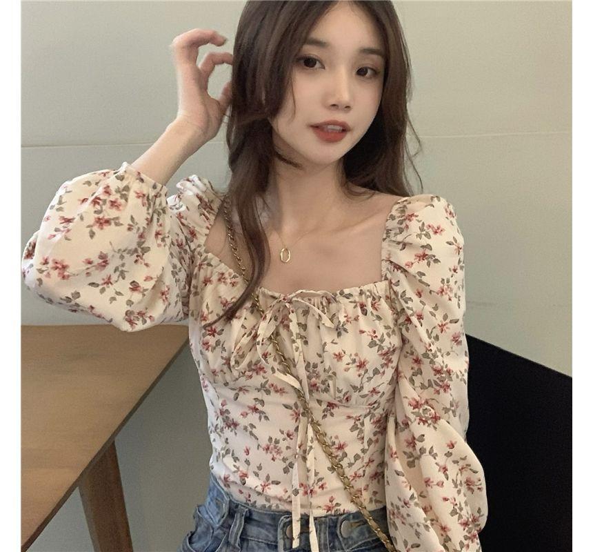 Long-Sleeve Square Neck Floral Top Product Image