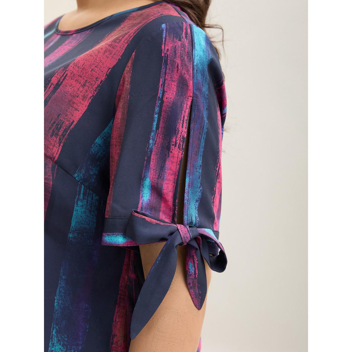 Plus Size Multicolor Irregular Stripes Sleeve Tie Blouse Women Short sleeve Round Neck Everyday-Casual Blouses BloomChic 22-24/3X Product Image