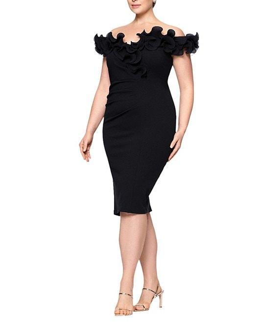 Xscape Plus Size Scuba Crepe V-Neck Sleeveless Wire Ruffle Trim Ruched Back Dress Product Image