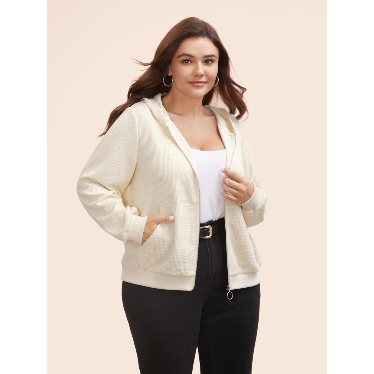 Plus Size Textured Rhinestone Hooded O Ring Zipper Sweatshirt Women Beige Casual Texture Hooded Everyday Sweatshirts BloomChic 12/L Product Image