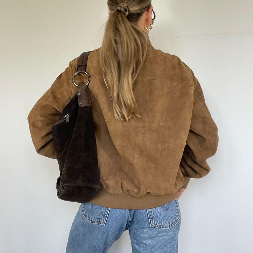 Plain Faux Suede Zip Baseball Jacket Product Image