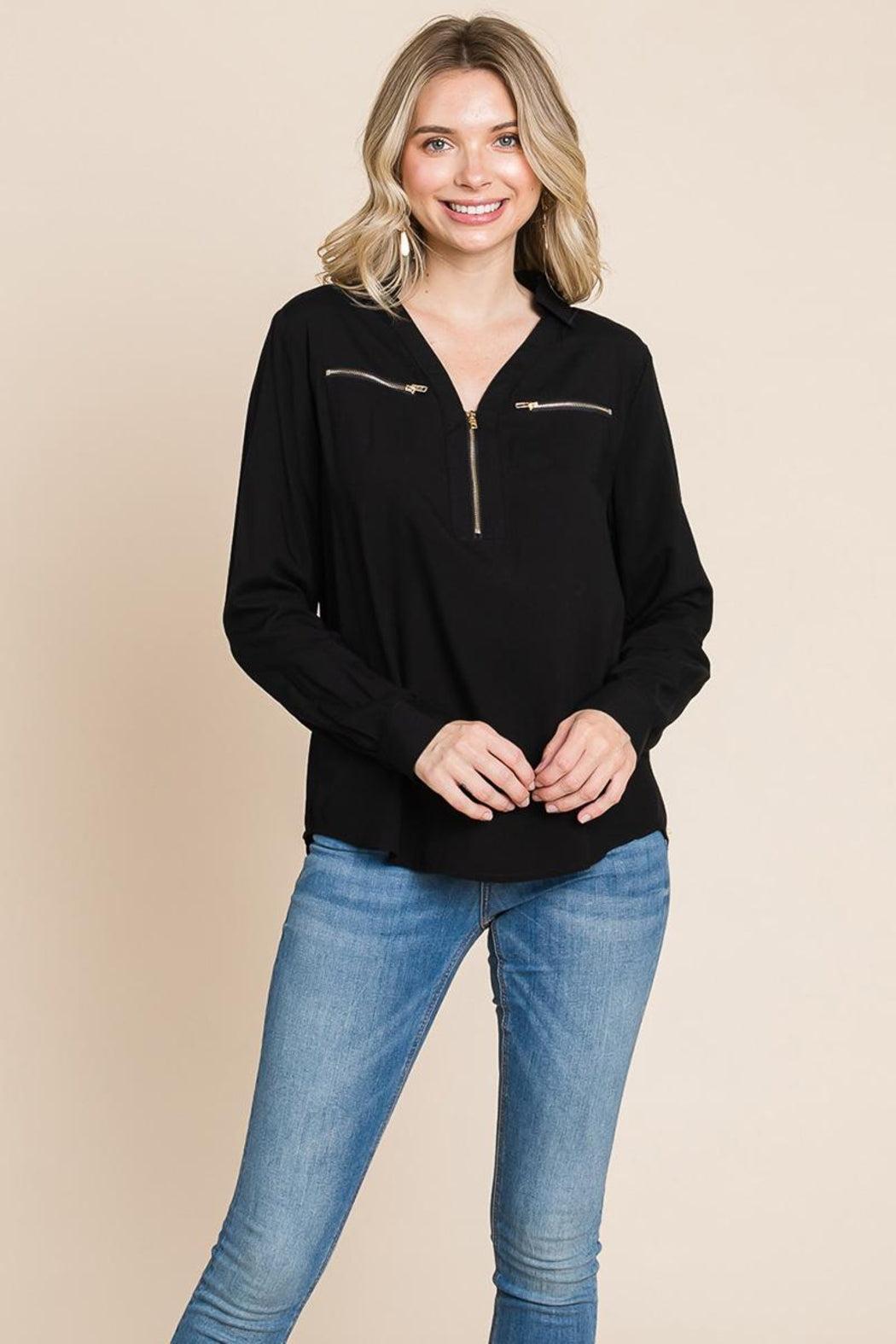 V Neck Front Zip Up Long Sleeve Top Product Image
